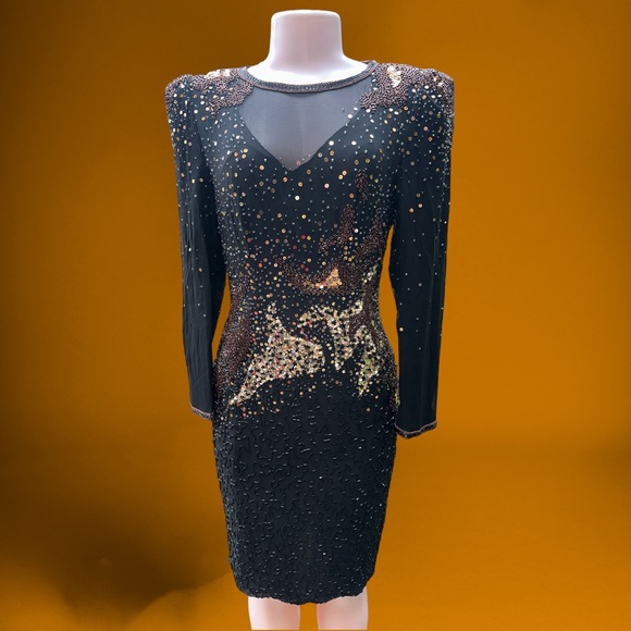 A J Bari Dresses & Skirts - Vintage 80s A.J. Bari Size 6 Black Silk Sequin Beaded Illusion Dress